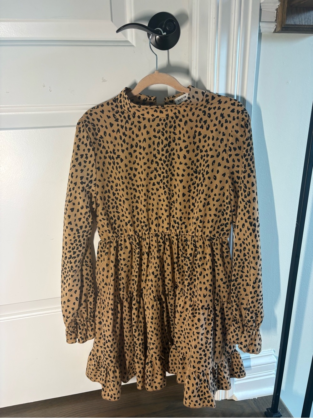 SHEIN  Girls Tan Leopard Print Long Sleeve Ruffle Dress